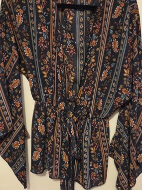 Discreet Navy Floral Wrap Dress with Rust and Mustard Accents